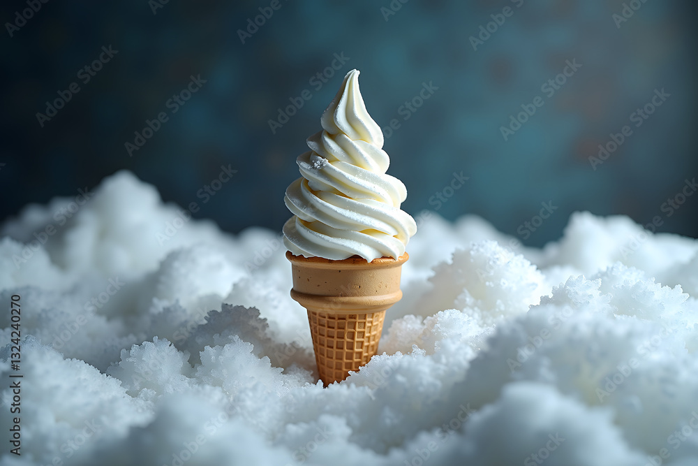 Poster a soft-serve ice cream cone stands tall among fluffy white clouds, creating a whimsical and dreamy a