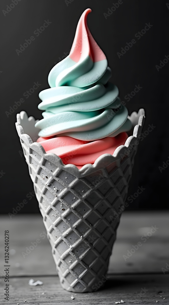 Poster A colorful soft serve ice cream cone features swirls of pink and mint green topped with a creamy texture set against a dark background