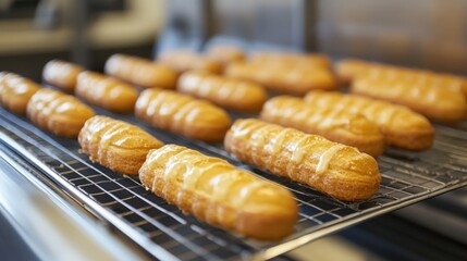 Freshly baked eclairs cooling on a wire rack.