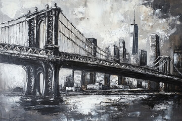 Dramatic black and white manhattan bridge cityscape painting art grey view urban image modern canvas
