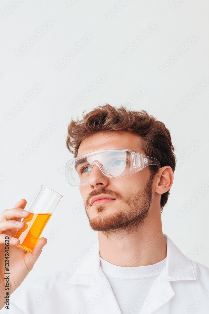 Poster laboratory, a chemist in safety goggles conducting an experiment in a lab setting.
