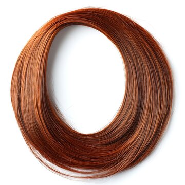 A circular arrangement of reddish brown hair on white background
