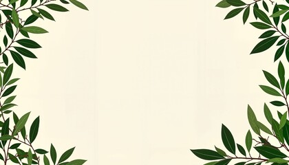 Watercolor illustration with green leaves on beige background