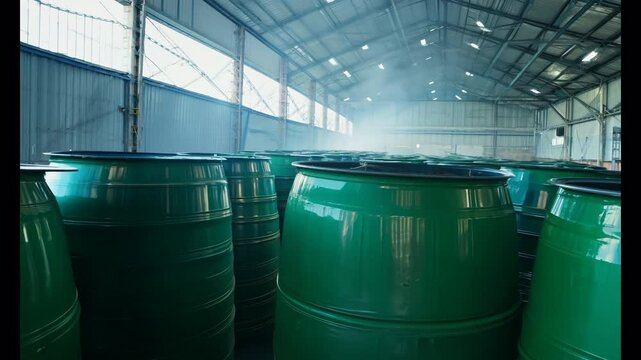 Industrial storage of blue plastic barrels and metal drums for oil, chemicals, or water in a factory warehouse