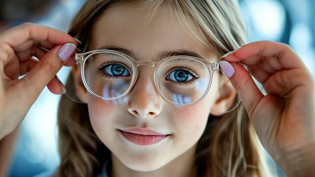 Schoolgirl wearing glasses after an optician checks her vision and makes a recommendation