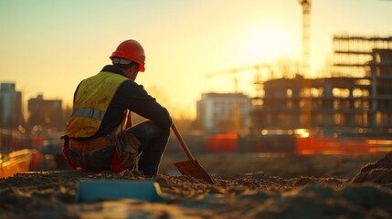 A construction worker reflects at sunset. This image captures the essence of hard work and dedication in the building industry. Progress is always on the horizon. Generative AI