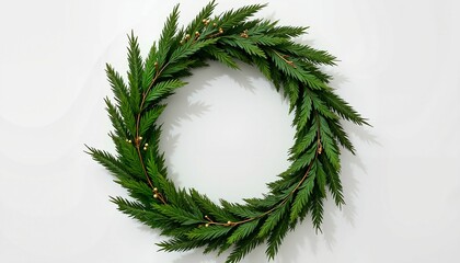 Green wreath with pine branches on white background