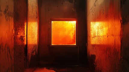 Glowing square window in dark, fire-damaged room.