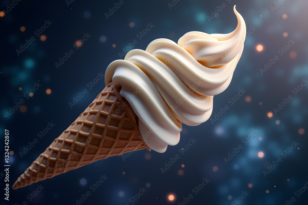 Poster a delicious swirl of soft-serve ice cream topped on a crispy cone with a dreamy background featuring