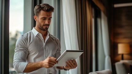 Obraz premium Businessman using tablet in modern office space urban setting technology focus professional environment close-up view