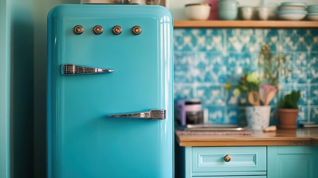 A faded turquoise refrigerator, adorned with retro knobs and a vintage charm, stood proudly against a vibrant blue backdrop, hinting at a retro kitchen design that evoked memories of bygone eras.