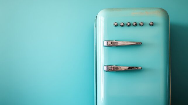 A faded turquoise refrigerator, adorned with retro knobs and a vintage charm, stood proudly against a vibrant blue backdrop, hinting at a retro kitchen design that evoked memories of bygone eras.