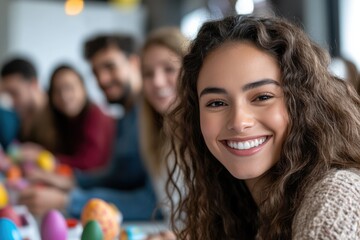 Obraz premium A cheerful young woman with curly hair smiles at an Easter gathering, reflecting the joy of creativity and connection, as friends paint vibrant eggs together.