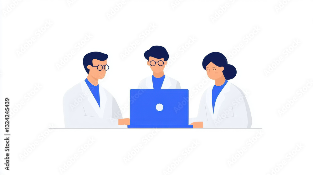 Poster laboratory, group of scientists collaborating on research project in a modern setting.