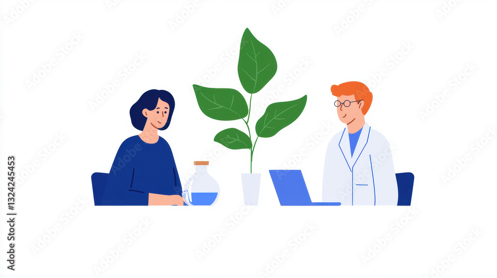 Poster laboratory, group of scientists collaborating on research project in high fidelity image.