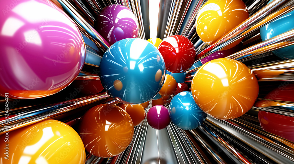 Poster a collection of glossy, colorful spheres floats in a tunnel of reflective metallic tubes. the bright