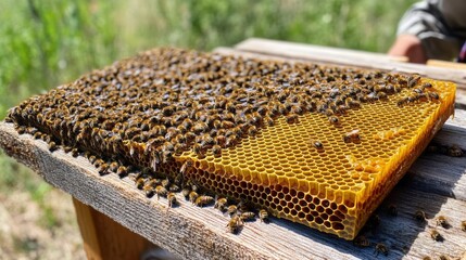 Honeycomb frame teeming with busy honeybees.