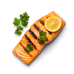 Top view grilled salmon steak isolated on white background