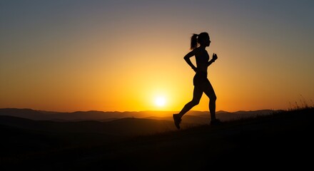 Silhouette of a Woman Running at Sunset for Fitness and Wellness