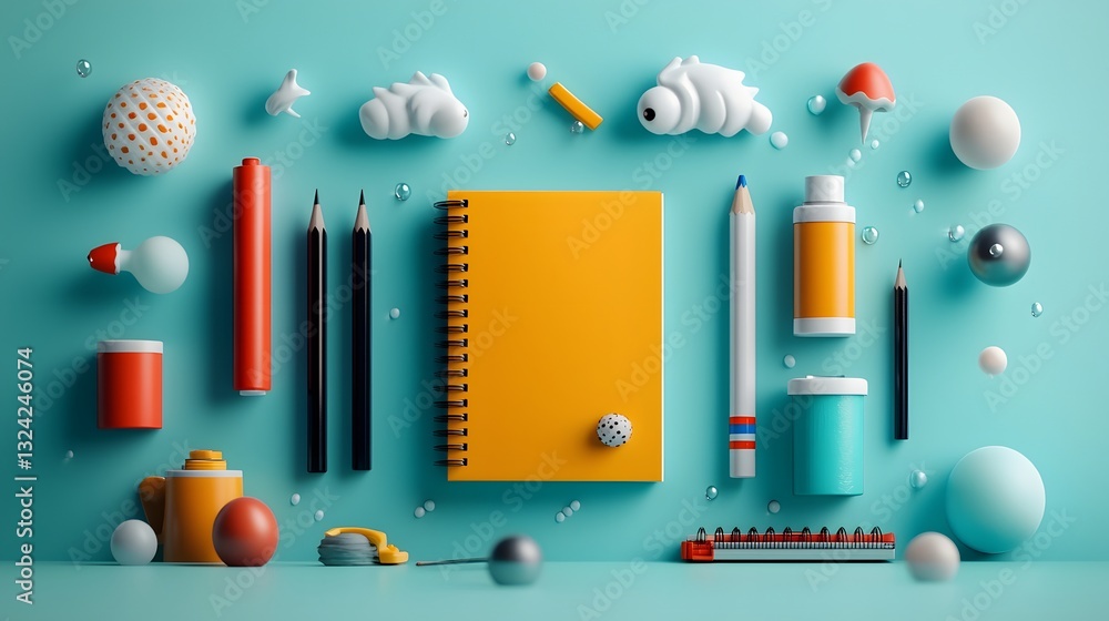 Poster Assortment of stationery essentials including pencils markers notebooks and rulers hovering in a serene blue pastel scene with soft lighting creating a dreamlike impressionist style