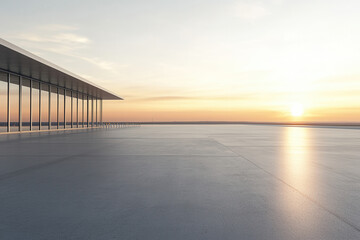 Fototapeta premium Sunset view of modern architectural pavilion coastal landscape digital artwork tranquil environment