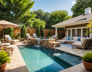 Fototapeta premium Photo of a luxurious backyard oasis with a sparkling pool and comfortable patio furniture 