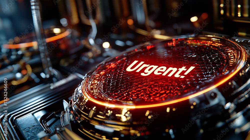 Poster a futuristic glowing red button with the word 
