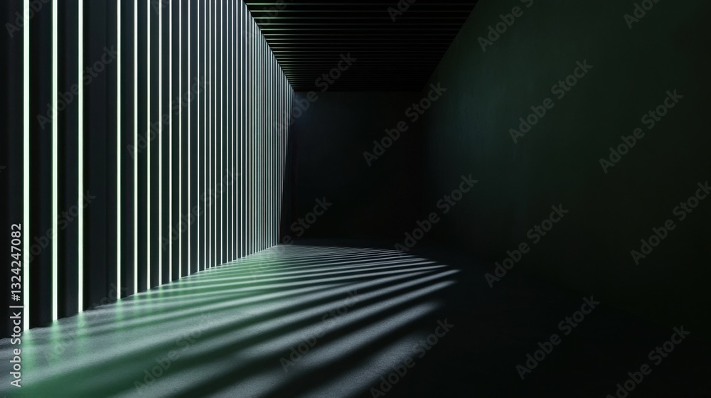 Poster abstract dark room with glowing lines and shadow play: a minimalist architectural visualization