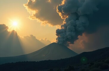 Volcanic eruption poses danger to nearby communities at sunset