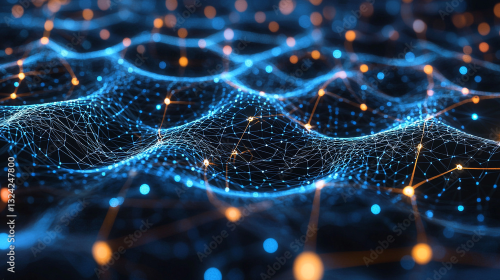 Aufkleber abstract blue and orange digital network wave background data mesh nodes lines future design bright