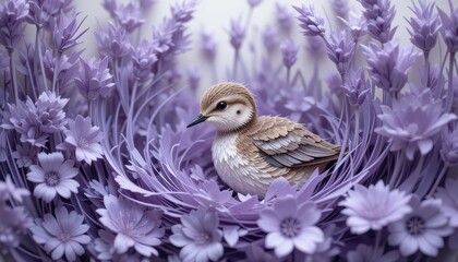 Fototapeta premium Serene Bird Nestled in Lavender Flowers Paper Art Bird in Purple Floral Arrangement