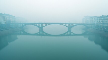 Fototapeta premium PM2.5 Urban Fog Concept, Foggy Cityscape with Bridge Over River Obscured by PM2 Smog at Dusk, Creating a Mysterious Atmosphere