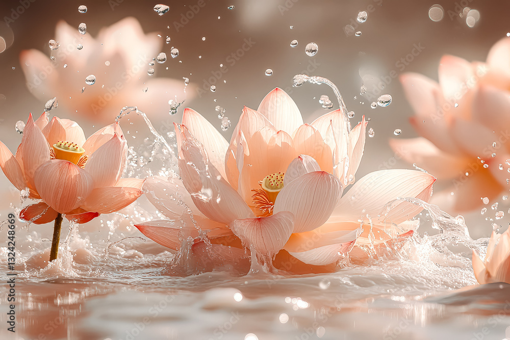 Poster group of pink flowers are in a pond with water splashing around them. the flowers are in various sta