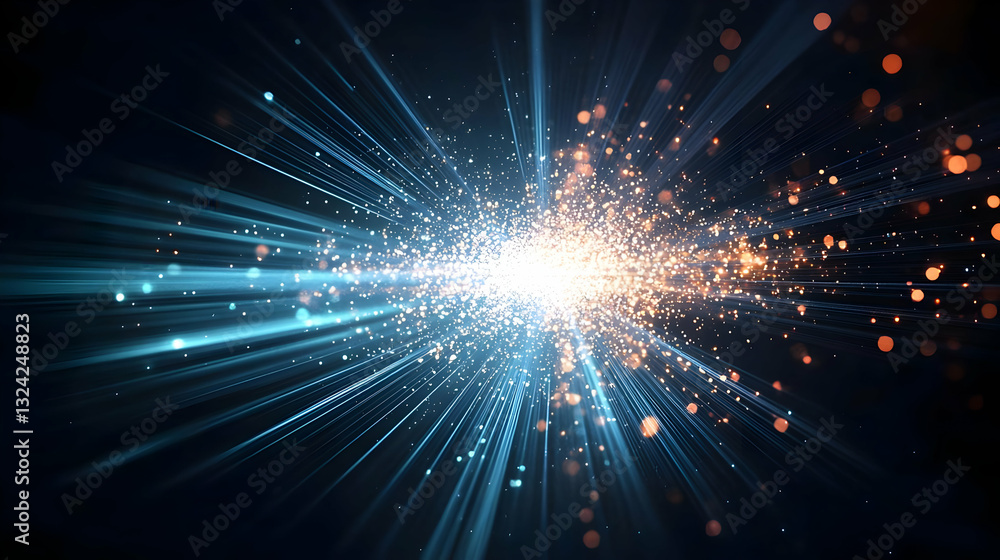 Poster abstract background with golden and blue light rays and particles in a dark background