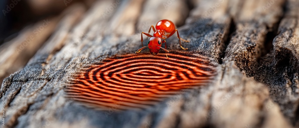 Poster a vibrant red ant on textured wood, showcasing intricate patterns resembling fingerprints in a close