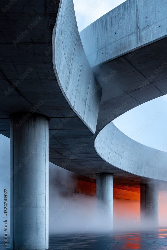 Aufkleber a modern architectural structure with smooth curves and concrete columns, partially obscured by mist