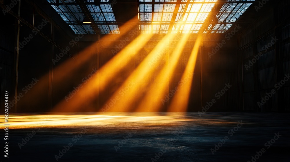 Poster a dimly lit space with rays of golden sunlight streaming through a window, creating a dramatic atmos