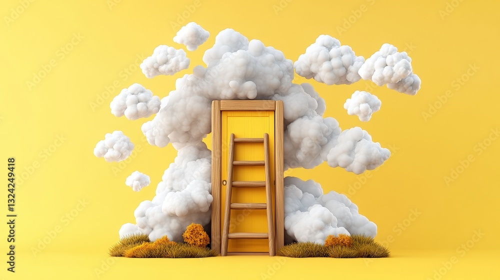Poster captivating scene of a door nestled amidst fluffy clouds in an abstract 3d world of imagination and 