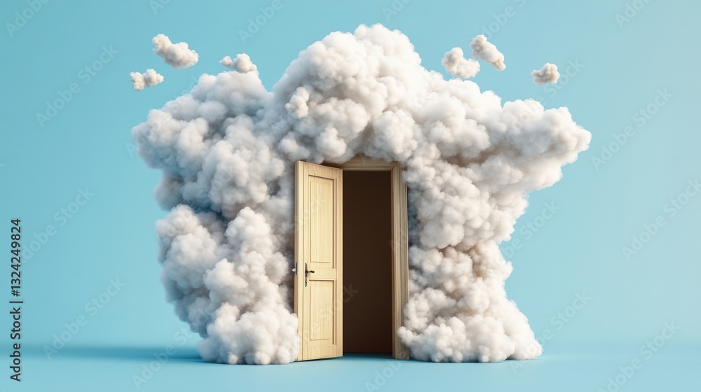 Poster surreal doorway emerging from fluffy white clouds in a dreamlike sky creating a sense of wonder and 