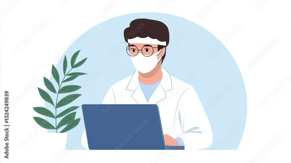 Poster laboratory, a researcher analyzing lab results on a computer in a high-fidelity image.