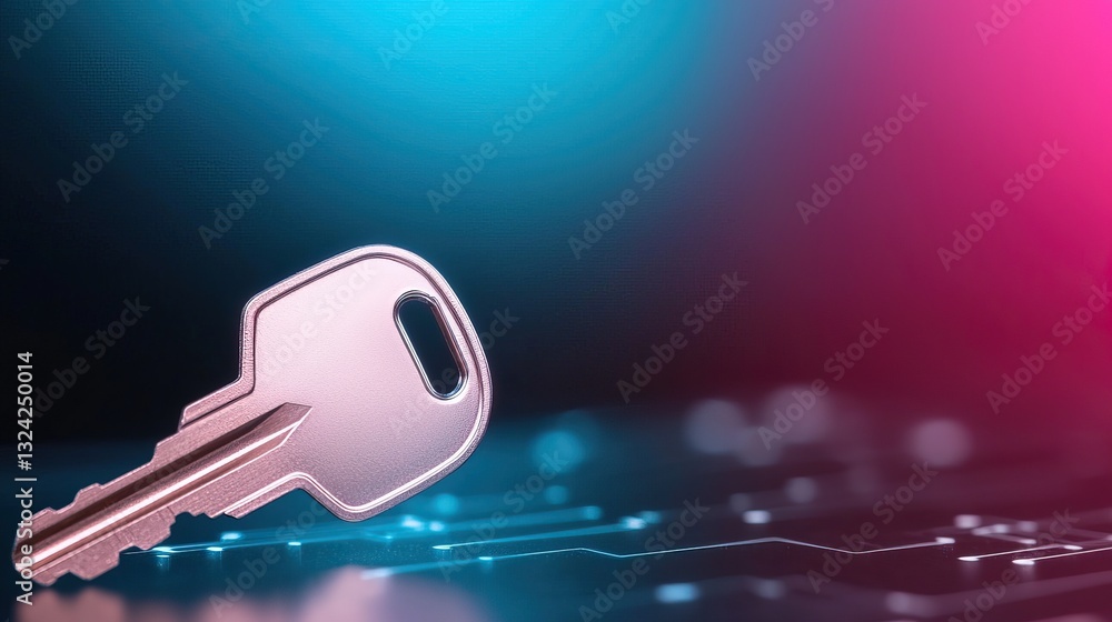Poster a close-up of a metallic key on a digital background featuring blue and pink hues, symbolizing acces