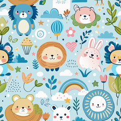 Fototapeta premium Whimsical Animal Pattern: A charming illustration of a repeating pattern featuring a menagerie of adorable animals amidst a playful backdrop of hearts, stars, and flowers.