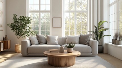 A contemporary living room with a cozy gray sofa, wooden coffee table, and soft lighting. Large windows let in natural light, while modern dcor and indoor plants add warmth.