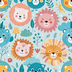 Naklejka premium Whimsical Wildlife: A vibrant illustration showcasing adorable lions and bears, surrounded by whimsical elements in a delightful pattern, perfect for children's designs.