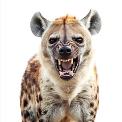 Aggressive spotted hyena snarling, isolated on white.