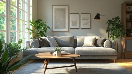 A contemporary living room with a cozy gray sofa, wooden coffee table, and soft lighting. Large windows let in natural light, while modern dcor and indoor plants add warmth.