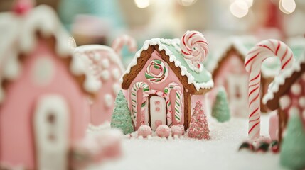 The festive setting of a whimsical gingerbread village includes pastel pink houses and rooftops covered in snow