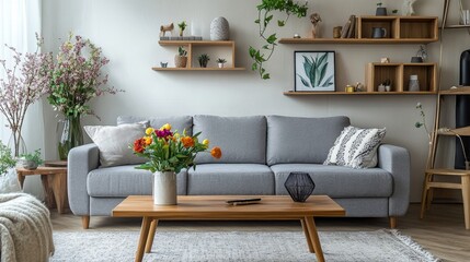 A cozy Scandinavian living room featuring a modern grey sofa, a wooden coffee table, shelves with decorative pieces, and vibrant spring flowers in a vase, creating a warm, inviting atmosphere.