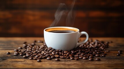 A steaming cup of freshly brewed black coffee, its rich aroma mingling with the sleek, modern design of the coffee maker it resided in and scattered beans, a testament to the art of coffee