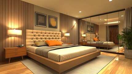 Fototapeta premium Modern bedroom design with warm lighting and neutral tones. Features a king size bed, wall art, and mirrored closet